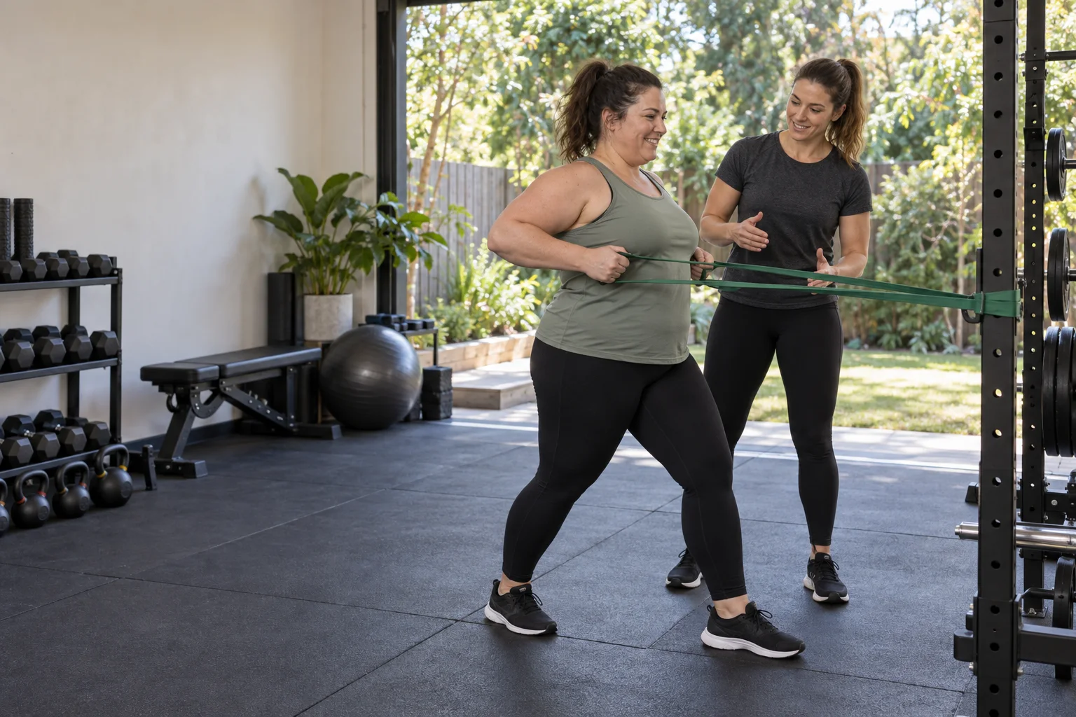 Trainer coaching a woman through a standing resistance-band row in a home gym